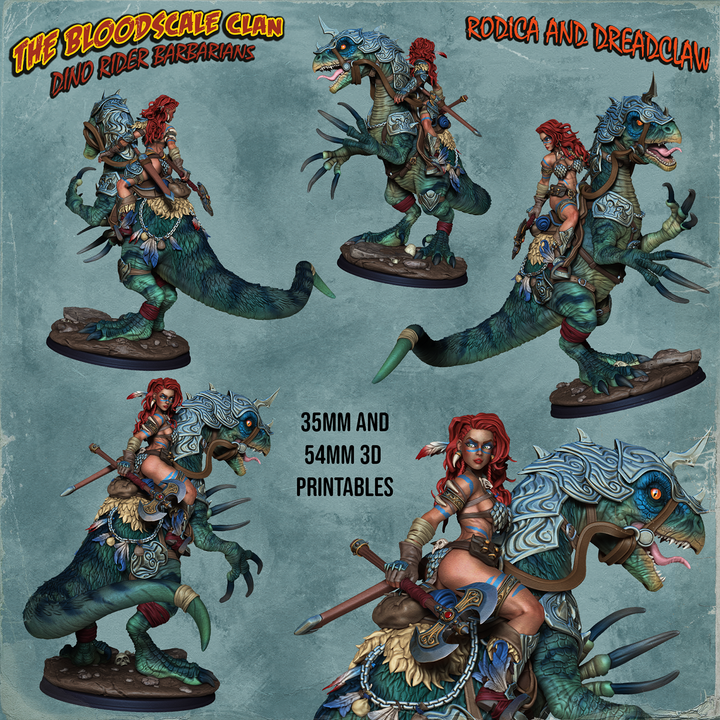Rodica And Dreadclaw - Female Barbarian riding on therizinosaurus by Ronin Arts Workshop
