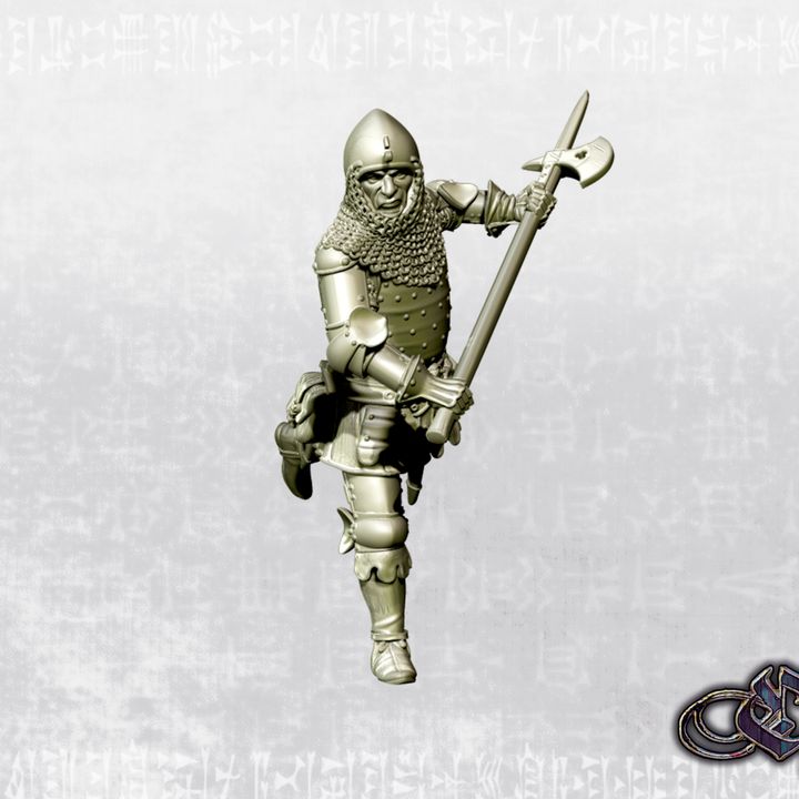 "Man-at-arms makes desperate charge with polearm - 14th century" by Ezipion miniatures