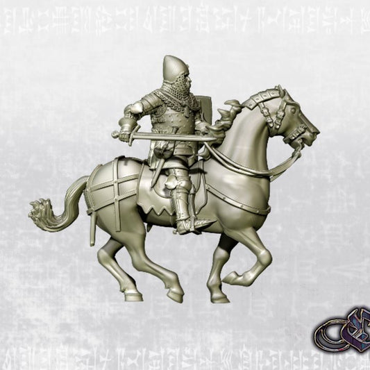 "Man-at-arms gallops on horseback with sword - 14th century" by Ezipion miniatures