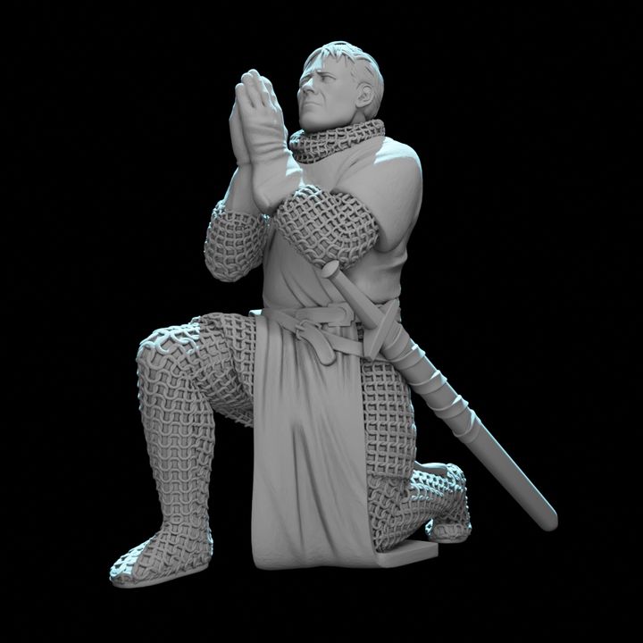 Crusader Knight Praying with Blessed Sword.