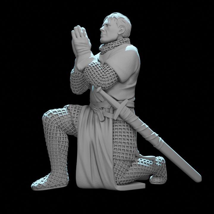 Crusader Knight Praying with Blessed Sword.