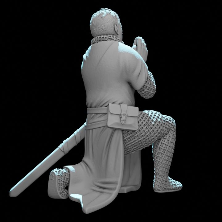 Crusader Knight Praying with Blessed Sword.