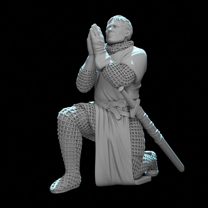 Crusader Knight Praying with Blessed Sword.