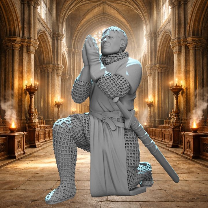 Crusader Knight Praying with Blessed Sword.