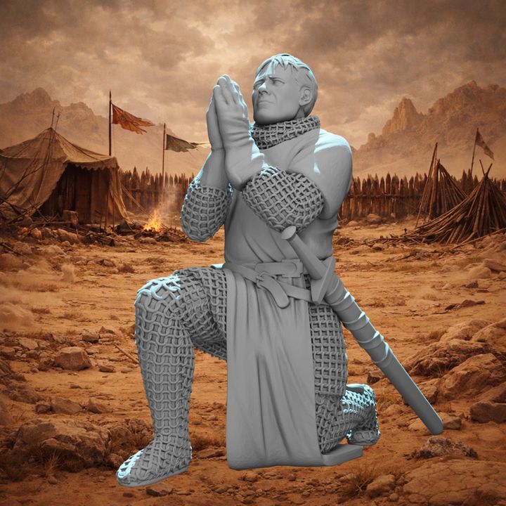 Crusader Knight Praying with Blessed Sword.