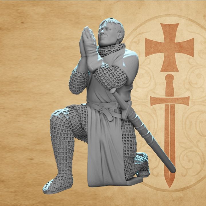 Crusader Knight Praying with Blessed Sword.