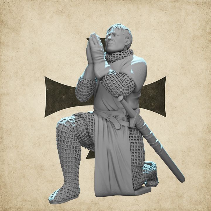 Crusader Knight Praying with Blessed Sword.