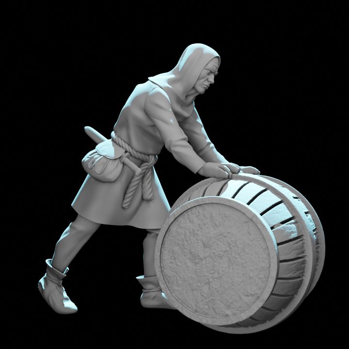 Medieval Man Rolling a Barrel.