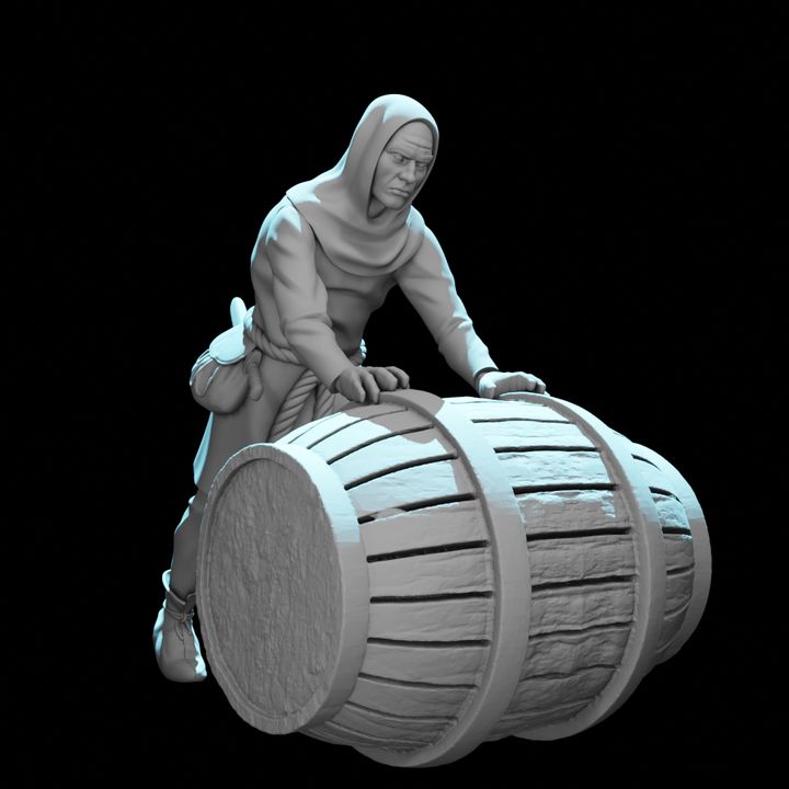 Medieval Man Rolling a Barrel.
