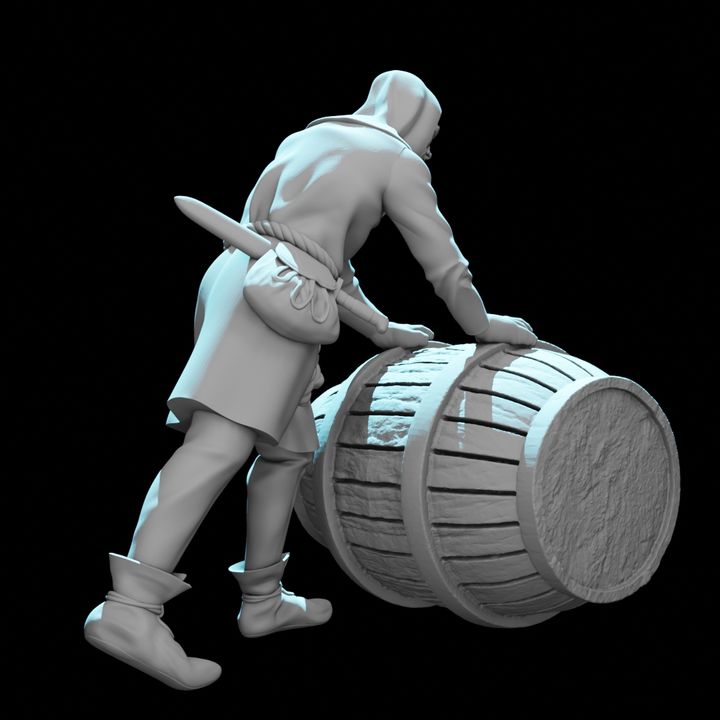 Medieval Man Rolling a Barrel.
