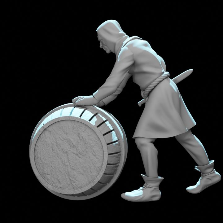 Medieval Man Rolling a Barrel.
