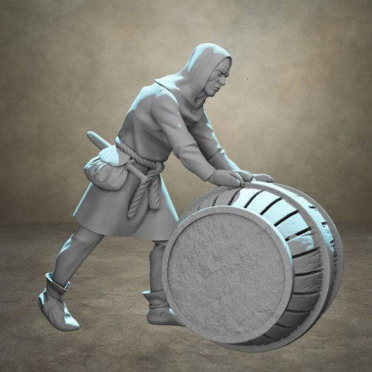 Medieval Man Rolling a Barrel.