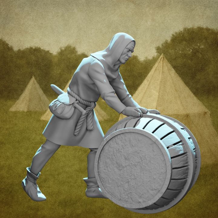 Medieval Man Rolling a Barrel.