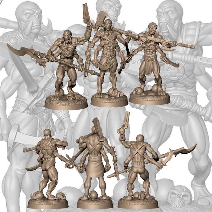3 alien warriors with 4 arms by Menagerie Miniature