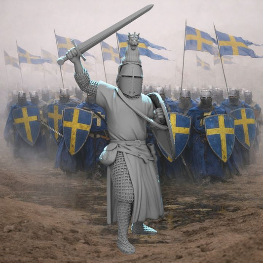 Medieval Nordic Knight – Lion Crested Helm & Heraldic Shield