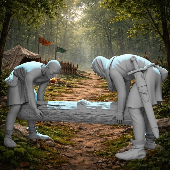 Medieval Laborers Lifting Log – Civilian / Camp Scene.