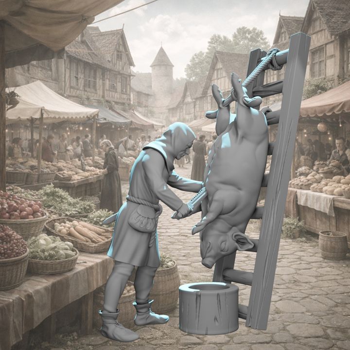 Medieval Butcher Slaughtering a Pig.