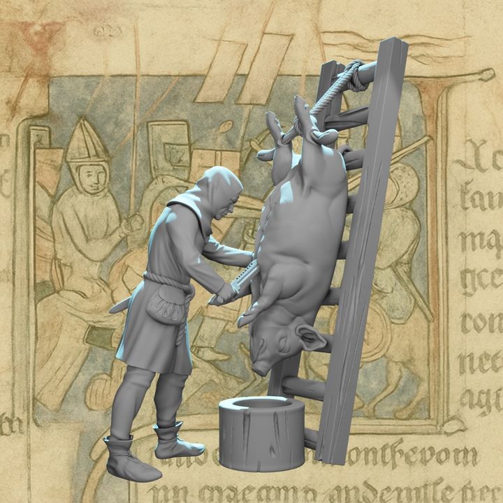 Medieval Butcher Slaughtering a Pig.