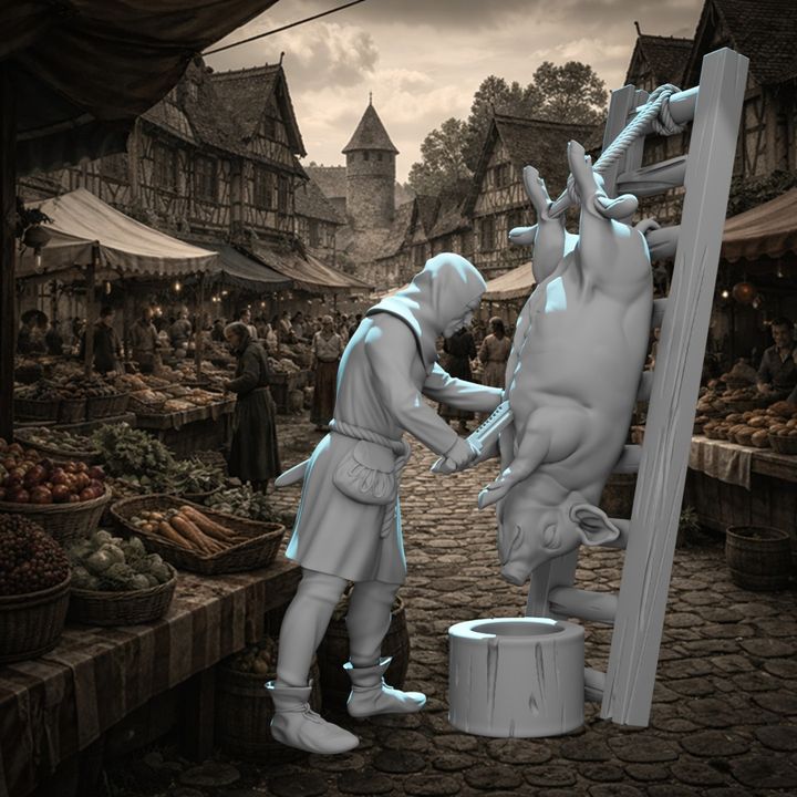 Medieval Butcher Slaughtering a Pig.