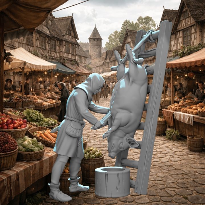 Medieval Butcher Slaughtering a Pig.