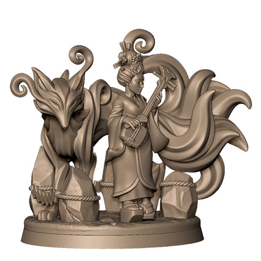 Music geisha with spirit 9 tail fox by Menagerie Miniature