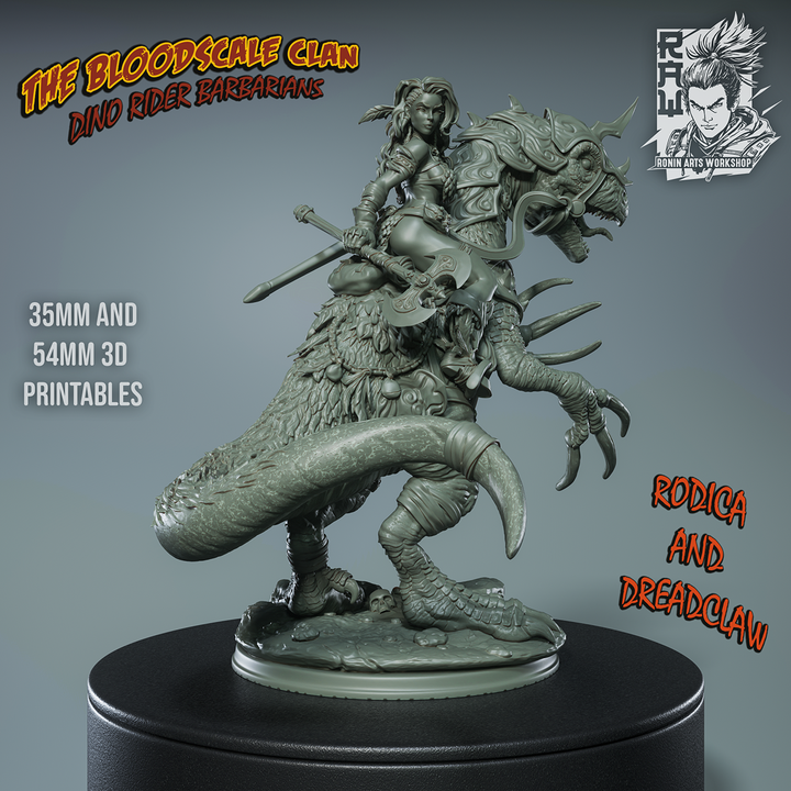 Rodica And Dreadclaw - Female Barbarian riding on therizinosaurus by Ronin Arts Workshop