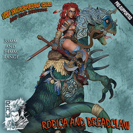 Rodica And Dreadclaw - Female Barbarian riding on therizinosaurus by Ronin Arts Workshop