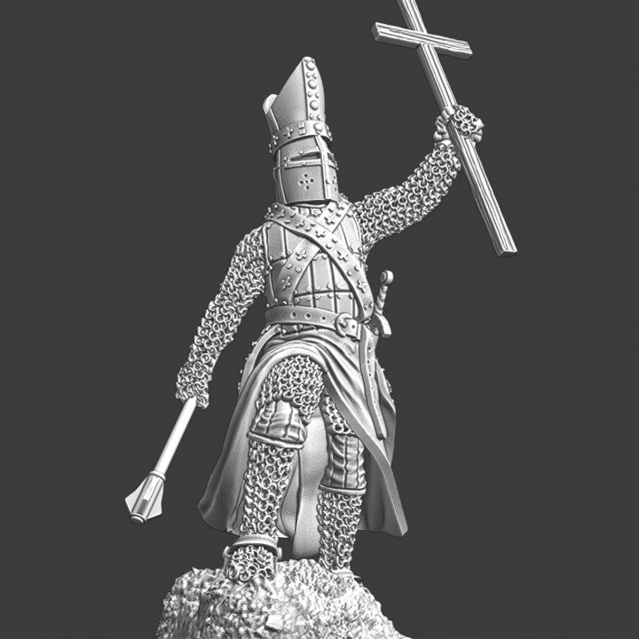 Bishop with great helmet and large cross.