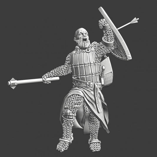 Medieval knight charging with mace, chained helmet and shield.