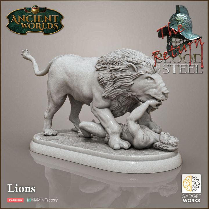 3 Lions - African Lions with bases and victim by Gadgetworks Miniatures