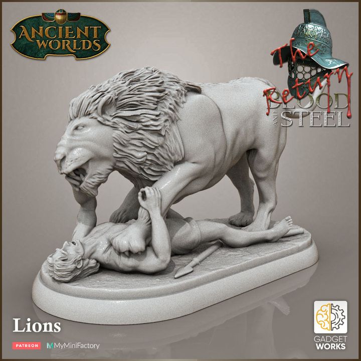 3 Lions - African Lions with bases and victim by Gadgetworks Miniatures