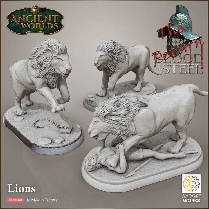 3 Lions - African Lions with bases and victim by Gadgetworks Miniatures