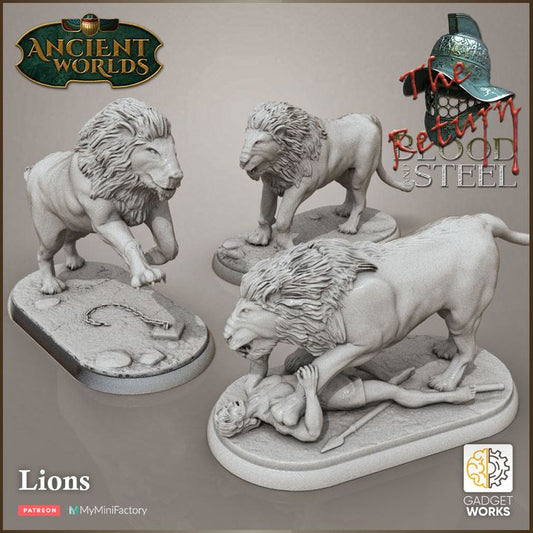 3 Lions - African Lions with bases and victim by Gadgetworks Miniatures