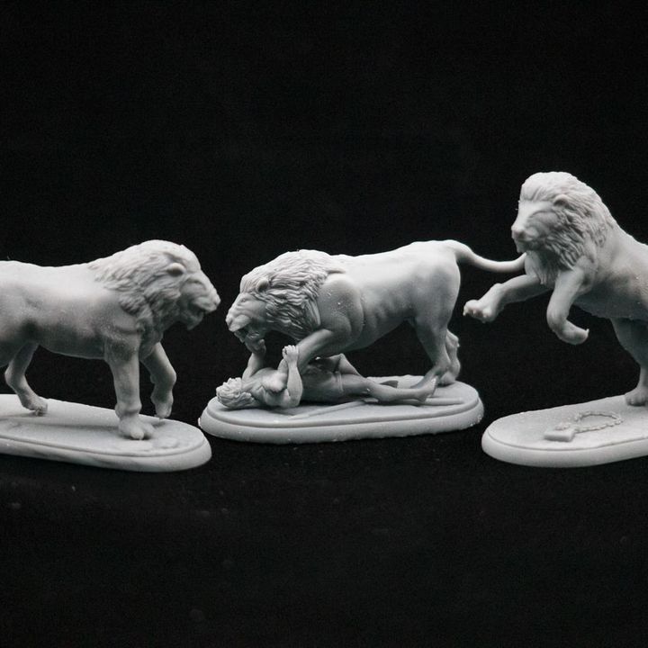 3 Lions - African Lions with bases and victim by Gadgetworks Miniatures