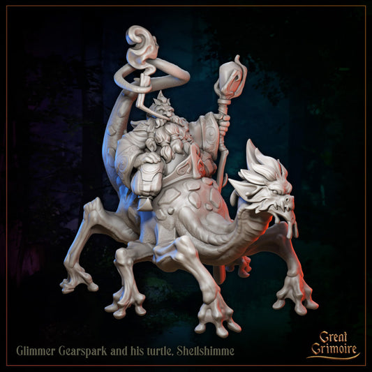 Glimmer Gearspark and his turtle, Shellshimme by Great Grimoire