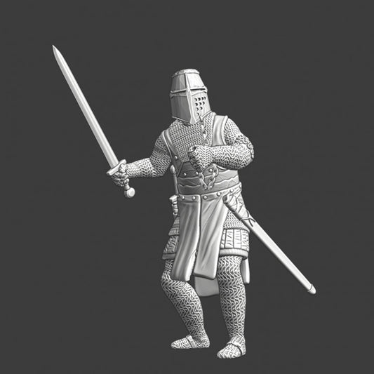 Medieval knight with great helmet and sword.