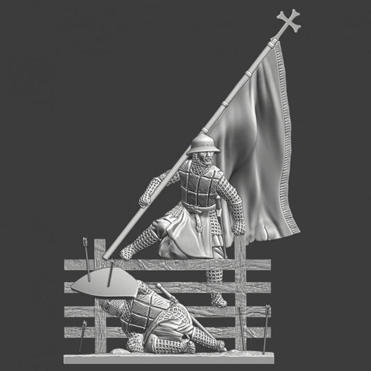 Medieval sergeant advancing with large banner - scene