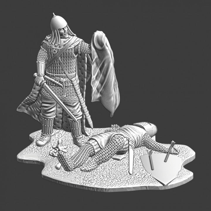 Byzantine warrior holding up cape of dead crusader.