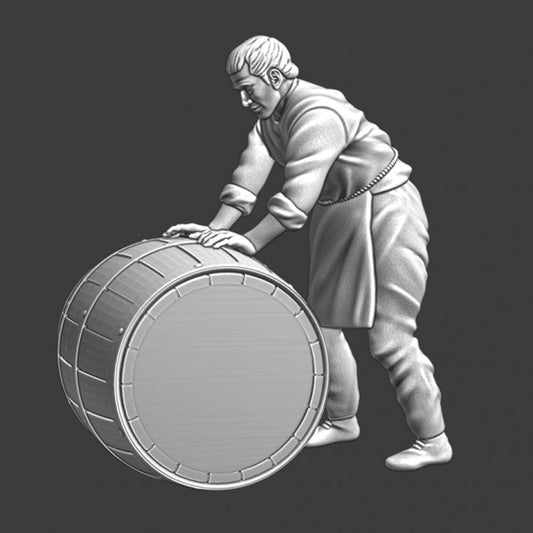 Medieval civilian rolling big barrel