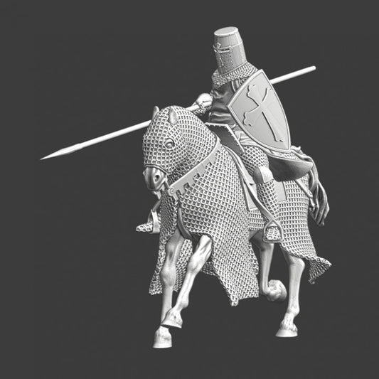 Medieval crusader knight with couched lance.