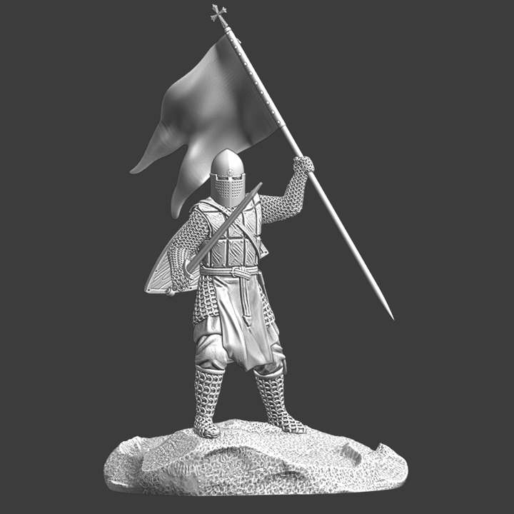 Medieval diorama - Knight with banner on rock.