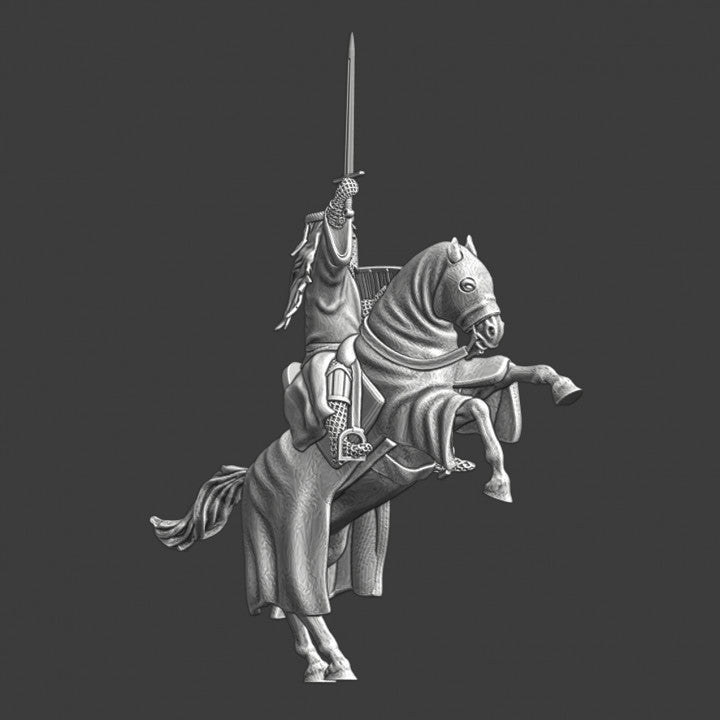 Medieval crusader mounted and raised sword