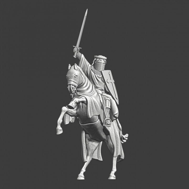 Medieval crusader mounted and raised sword