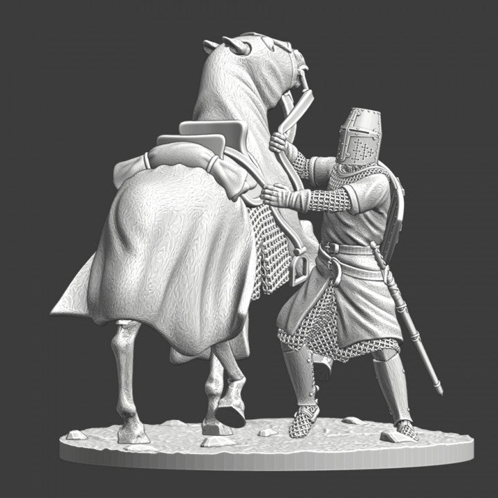 Medieval knight trying to calm his horse