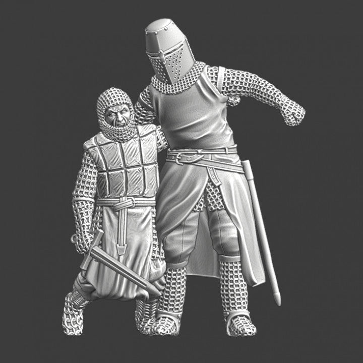 Medieval knight helping wounded crusader brother.
