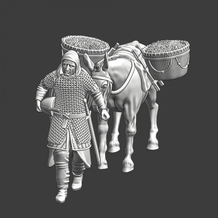 Medieval crusader walking with grain-donkey