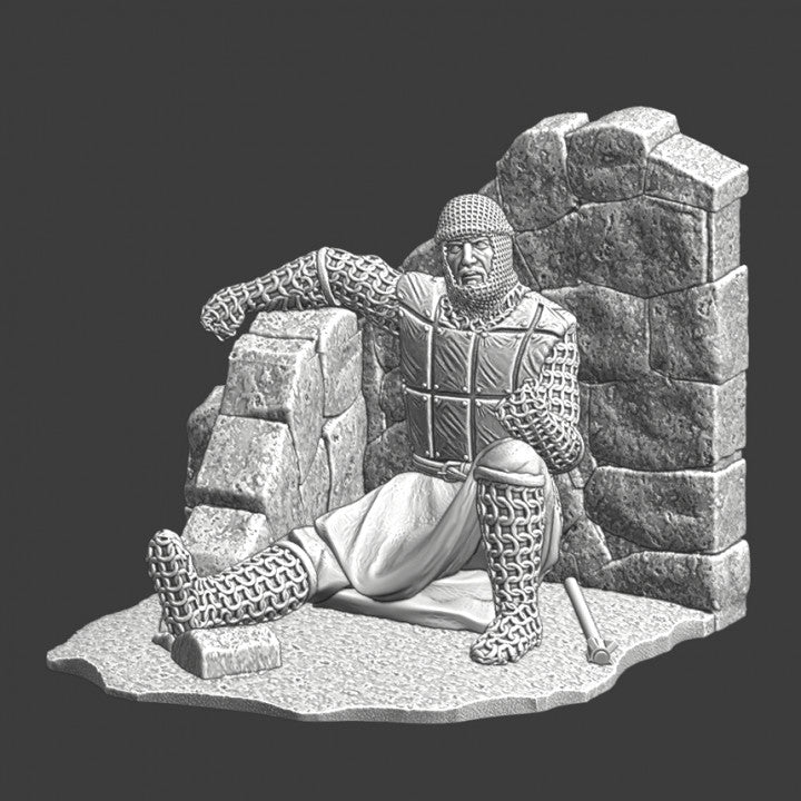 Wounded knight lying wounded in small ruin