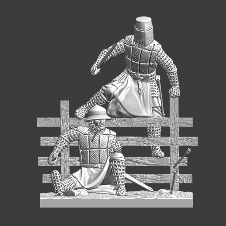 Medieval model diorama - Wounded sergeant and knight