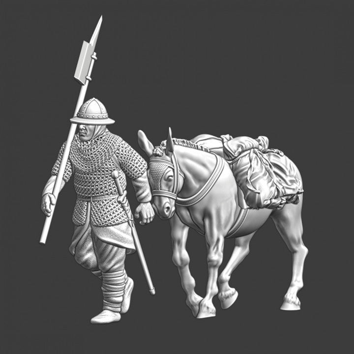 Medieval infantryman marching with donkey