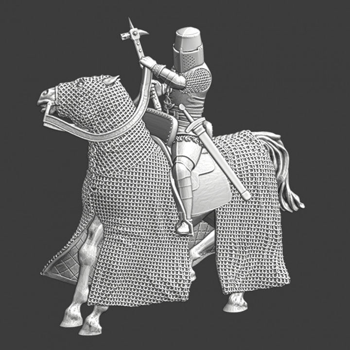 Medieval mounted knight, chainmail horse and warhammer.